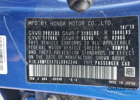 2018 Honda Civic Ex-L from USA, damaged, VIN JHMFC1F75JX042246